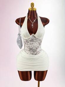 Amplova 2026 New Mixed Material Cutout Waist Low-Cut Bodycon Mini Dress For Women - Apricot - View 9