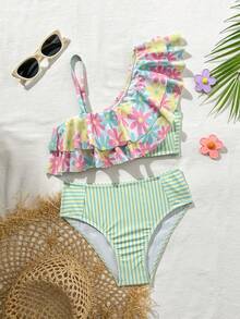 SHEIN Tween Girls Yellow Striped Print Bikini Set, 2-Piece Swimsuit With Layered Ruffle Top, Fashionable Casual Elegant Suitable For Swimming, Vacation, Summer - Multicolor - View 1