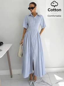 Siren Gaze Elegantes Damen-Maxi-Hemdkleid aus französischer Baumwolle, blau-weiß gestreift, Kurzarm, mit Kragen, Knopfleiste, tailliert, A-Linie, für Sommer-Brunch - Blau-Weiß - Übersicht 2