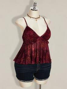 SHEIN ICON Plus Size Women Plant Print Ruffle Hem Camisole Tank Top For Holiday,Rave Top - Burgundy - View 9