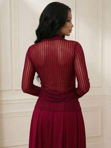 Anewsta Chic Modern Sexy Sheer Striped Knit Blouse Top For Women - Burgundy - View 2