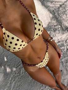 Swim Mod New Polka Dot Print Sexy High Waist Tie-Front Triangle Bikini Set, Women's Halter Neck Swimsuit For Beach & Vacation - Multicolor - View 1