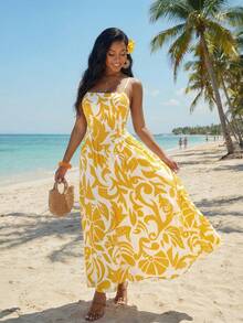 SHEIN Lady Women's Summer Vacation All-Over Print Waist Tie Dress - Multicolor - View 7