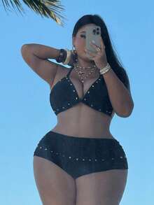 SHEIN Swim SXY Bộ bikini hai mảnh cổ yếm và tam giác màu trơn dành cho nữ cỡ lớn, phối đinh tán. - màu đen - Xem 6