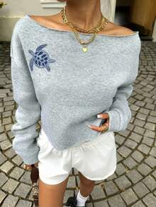 SHEIN EZwear Women's Off-Shoulder Cropped Sweatshirt, Suitable For Fitness, Dancing, Autumn/Winter, Loose Fit Casual Crew Neck Long Sleeve Thick Sweatshirt - Multicolor - View 4