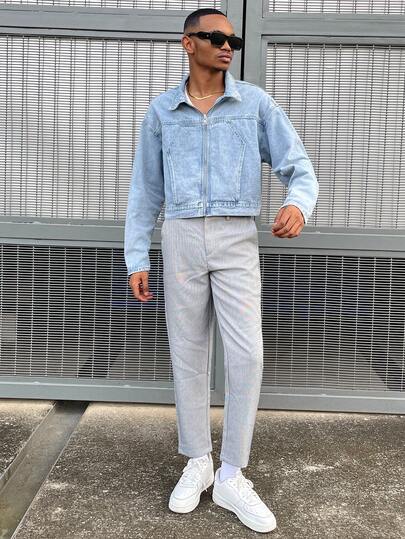 Ngobest Haus Ngobest Haus جاكيت جينز قصيرة كاجوال بأكمام طويلة وياقة منسدلة للرجال باللون الأزرق الفاتح