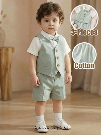 Cozy Pixies 3pcs Baby Boy/Girl Gentleman Suit Set: White Short Sleeve Shirt, Green Vest & Shorts, Elegant Outfit For Birthday Party, Christening, 1st Birthday, Wedding, Pageboy, Ring Bearer