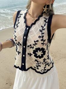 MainGRL Women's V-Neck Single-Breasted Casual Knit Vest, Suitable For Beach And Vacation - Apricot - View 6