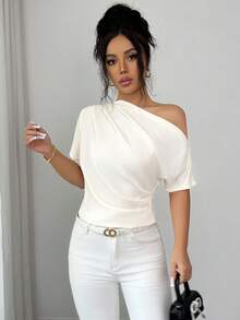 Elenzga 女士不对称褶皱垂褶休闲衬衫，优雅通勤度假时尚上衣，杏色百搭短袖衬衫 - 杏色 - 查看 1