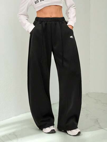 SHEIN Tall Women's Fall/Winter Streetwear Back To School Preppy Casual Warm Comfortable French Black Elastic Waistband Curved Hem Pants,Black Pants