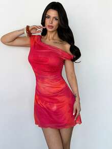 Firerie 女士碎花褶皱不对称肩部迷你连衣裙，网纱印花长款连衣裙，不对称肩部连衣裙，春夏服装，适合海滩、通勤、优雅、性感、度假、波西米亚风、夏威夷、音乐节、浪漫、约会、度假装扮、波西米亚风、春夏服装、优雅、通勤、约会、派对、婚礼季、毕业装扮、毕业舞会、工作装扮、返校装扮、女士生日装扮、节日装扮、音乐节、波西米亚风、连衣裙 - 彩色 - 查看 8