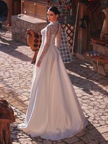 Aureia Đầm maxi satin tay voan mỏng, sang trọng, đính hạt cườm, thích hợp cho đám cưới, tiệc tùng, kỳ nghỉ, dạ hội, lễ hội, váy cưới. - trắng - Xem 3