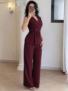 Modelyn Bộ vest công sở kiểu Hàn Quốc mới, tay ngắn, thắt eo, thanh lịch, đa năng, phù hợp cho cả đi làm và mặc thường ngày - Màu Đỏ Sâu - Xem 6