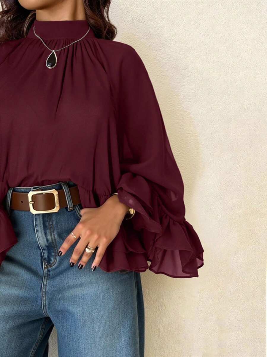 Femmeverse Plus Size Women Layered Ruffle Trim Long Sleeve Casual Top, Elegant Style For Holiday Fall - Burgundy - View 1