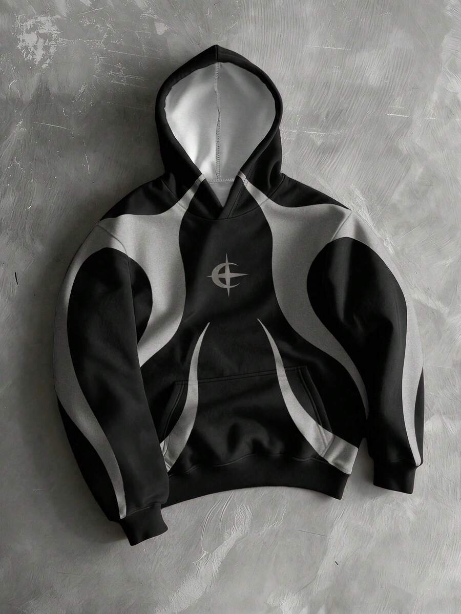 Manfinity EMRG 街头艺术图案印花连帽长袖卫衣，男士休闲套头衫，秋季款 - 彩色 - 查看 1