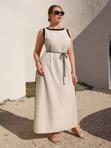 Juhart 大码女式早春休闲亚麻混纺杏色和黑色撞色无袖系腰连衣裙 - 杏色 - 查看 5
