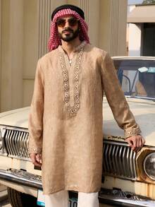 DAZY Mid-Length Khaki Shirt With Drawstring Design, Long Sleeve Men's Shirt - Gold - View 3