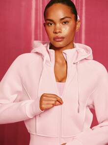 GLOWMODE Sudadera con cremallera corta, con puños y dobladillo acanalados, con agujeros para los pulgares, capucha desmontable, de felpa suave y cálida, para uso diario y casual en otoño e invierno - Rosa - Ver 6