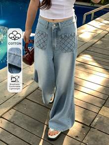 DAZY Quần jeans nữ dáng loe, chần bông, đa năng, thoáng mát, phù hợp cho mọi mùa. - Màu xanh lam - Xem 1