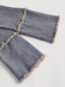 SHEIN CURVE+ Plus Size Women Zipper Frayed Hem Fashionable Versatile Daily Wear Long Sleeve Denim Jacket - Blue - View 3