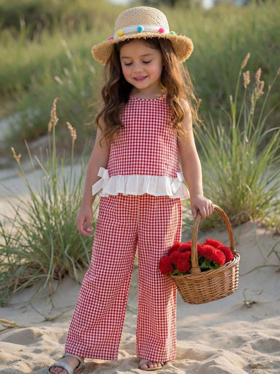 Young Girl's Cute Red & White Plaid Ruffle Sleeveless Top And Elastic Waist Loose Pants Set, Summer - Red - View 1