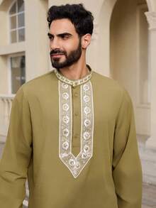 DAZY 中东风格男士军绿色长袍衬衫，春夏款 - 綠色 - 查看 6