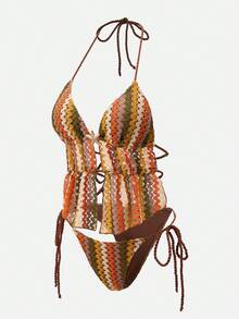Swim Basics Conjunto de Maiô Bikini Tankini Sexy com Amarração no Pescoço e Contraste de Cores para Mulheres, Roupa de Praia de Verão, Maiô Bikini de 2 Peças Estilo Y2K, Maiô Bikini de Crochê, Maiô Bikini Listrado com Top Halter - Multicolorido - Visão 4