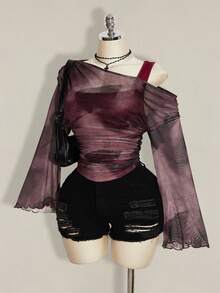 SHEIN ICON Áo nữ cỡ lớn họa tiết nhuộm tie-dye cổ lệch vai 2 trong 1 - Màu đỏ tím - Xem 4