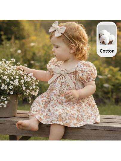 Loomiva 女婴碎花印花圆领花瓣袖腰带休闲连衣裙，舒适适合度假和户外玩耍