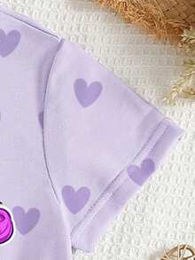 Estilos de verano acogedores Camiseta básica corta y relajada con estampado de personaje de dibujos animados de grupo de chicas virtuales, corazón morado, estrella de cinco puntas y eslogan colorido, para uso diario, adecuada para primavera y verano, ropa de niña bebé - Multicolor - Ver 4