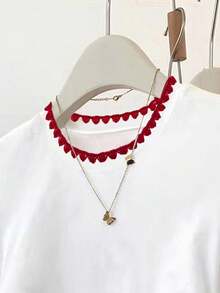 Resyla Áo thun ngắn tay nữ mùa hè mới, màu trắng với họa tiết răng chó thêu, phong cách tối giản thường ngày, phù hợp cho ở nhà, ngoài trời, văn phòng, đi học, ngày Nhà giáo, họa tiết răng chó thêu màu đỏ tương phản, thời trang. - trắng - Xem 4