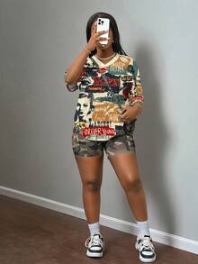 Slaydiva 大码女式V领字母印花T恤，休闲简约风格，适合夏季女性度假穿搭套装，女式两件套，女式休闲两件套，女式两件套组合 - 彩色 - 查看 6