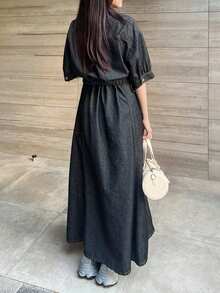 FRIFUL 女士褶裥连衣裙搭配拉链前开襟中袖外套，时尚休闲牛仔夏季套装 - 藍色 - 查看 6