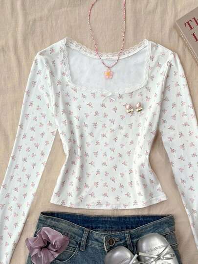 青少年女孩蕾丝蝴蝶结紧身长袖 T 恤，舒适适合秋冬季、派对、街头、返校