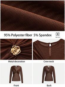 Maija 1件女士长袖扭结前襟修身上衣，棕色 - 棕色 - 查看 7