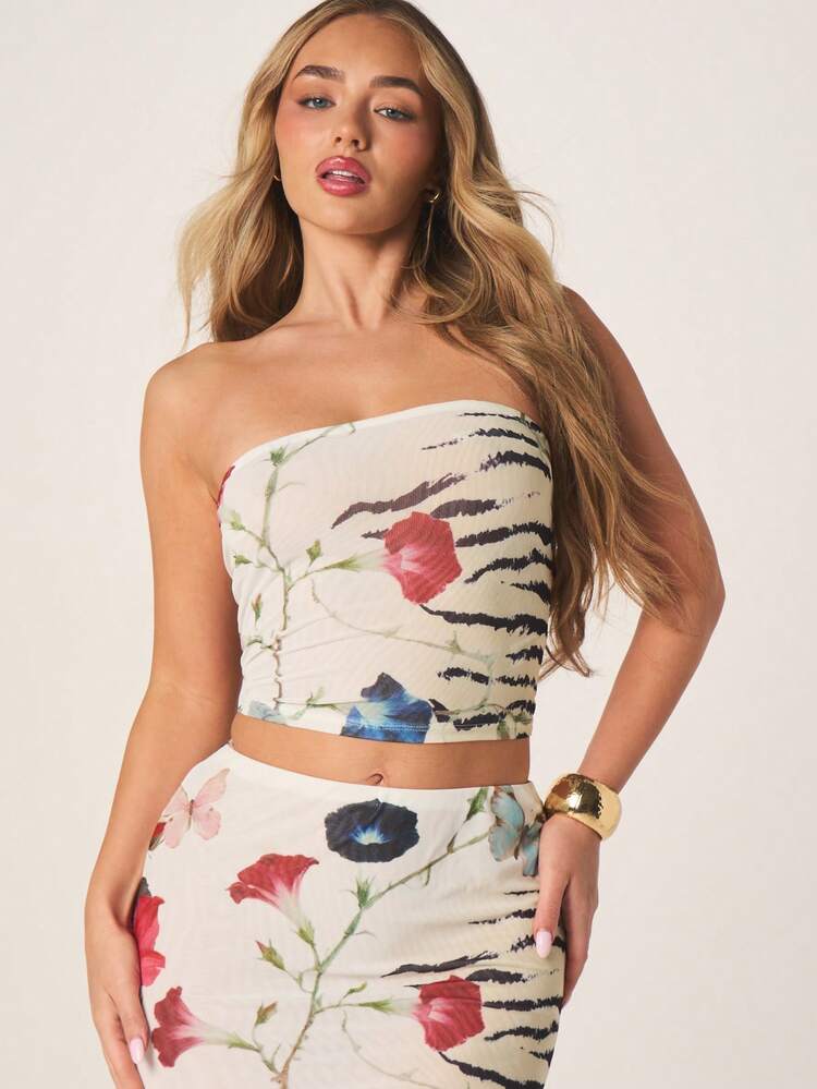 MISSGUIDED 스트랩리스 반도 크롭 탑과 바디콘 미디 스커트 투피스 세트, 여름 파티를 위한 혼합 플로럴 지브라 프린트 패턴