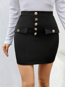 EMERY ROSE Minifalda negra de cintura alta y ajustada con botones para mujer - Negro - Ver 4