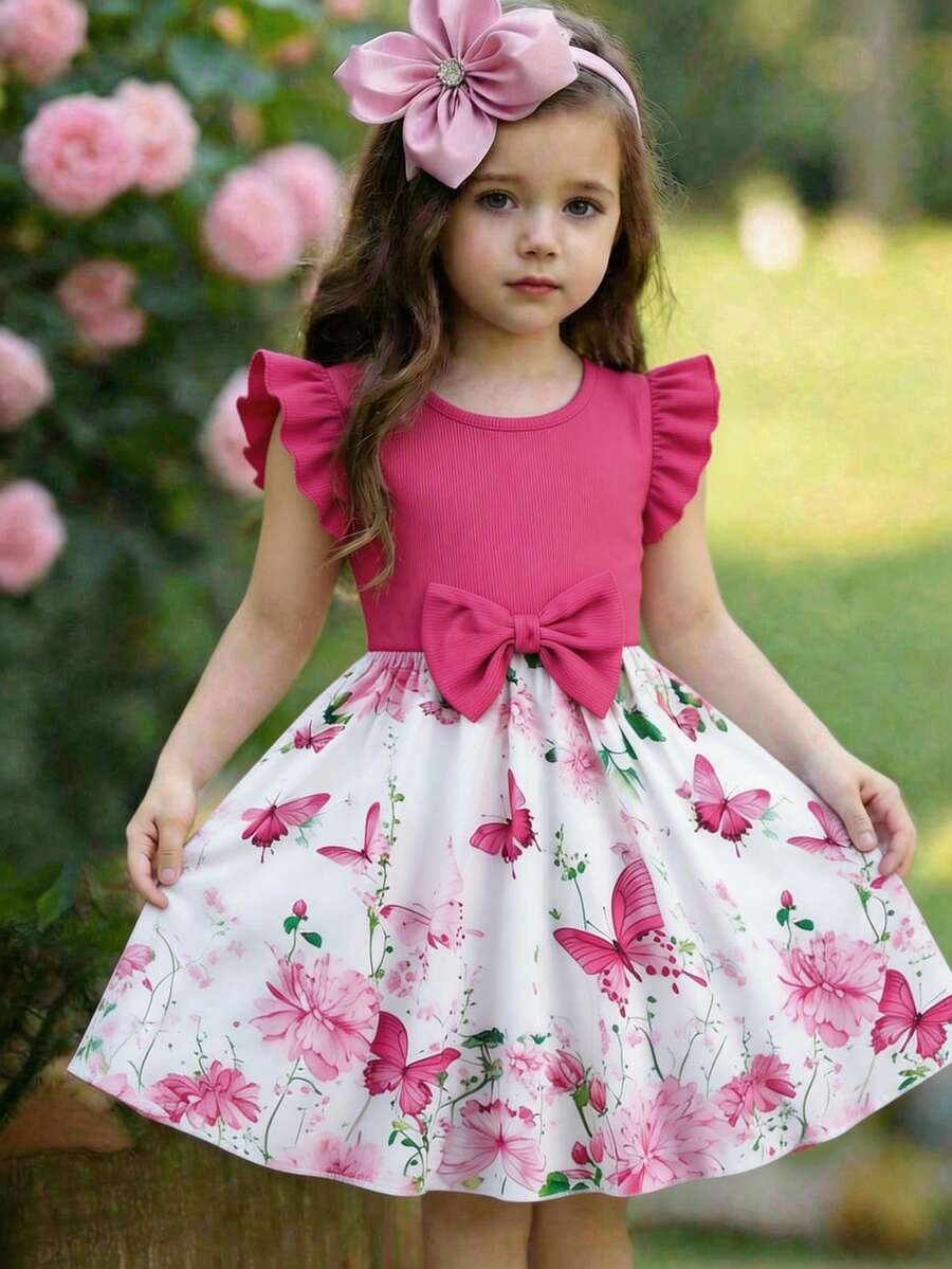 Emery Rose Kids Emery Rose Kids Vestido casual de verano con estampado floral, mangas con volantes y lazo para niña - Rosa Fucsia - Ver 1