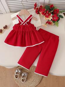 女婴甜美蝴蝶结吊带背心和直筒裤套装，适合日常外出、家庭聚会、度假、拍照、派对、儿童节等场合。 - 紅色 - 查看 2