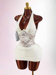 Amplova 2026 New Mixed Material Cutout Waist Low-Cut Bodycon Mini Dress For Women - Apricot - View 6