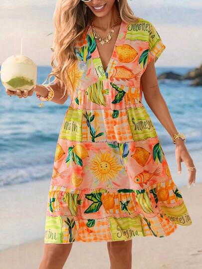 Sylviya Vestido casual de mujer con estampado de silueta de muñeca para vacaciones