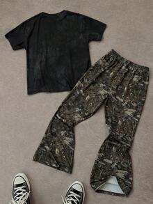 SHEIN 青少年男童休闲街头运动雪花赛车图案T恤和喇叭裤两件套，适合通勤、上学、日常休闲穿着、运动、春夏穿着 - 黑色 - 查看 2