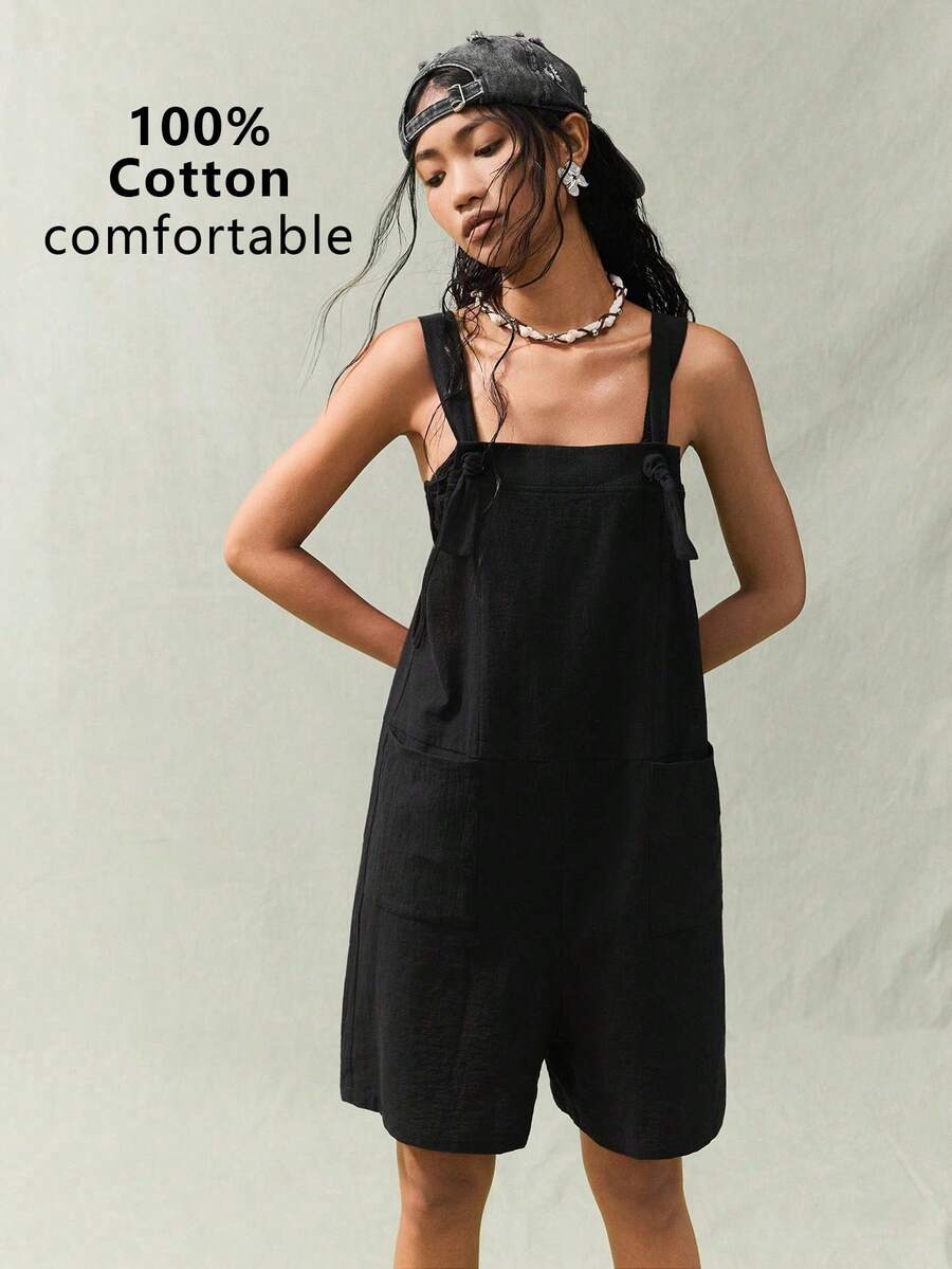 SoleilVie 女士夏季休闲度假黑色亚麻连体裤 - 黑色 - 查看 1