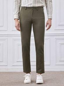 Officeau Men's Solid Color Pocket Simple Commuter Casual Pants - Army Green - View 4