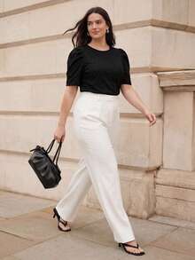 Juhart 大码纯色泡泡袖时尚水钻装饰女式T恤 - 黑色 - 查看 10