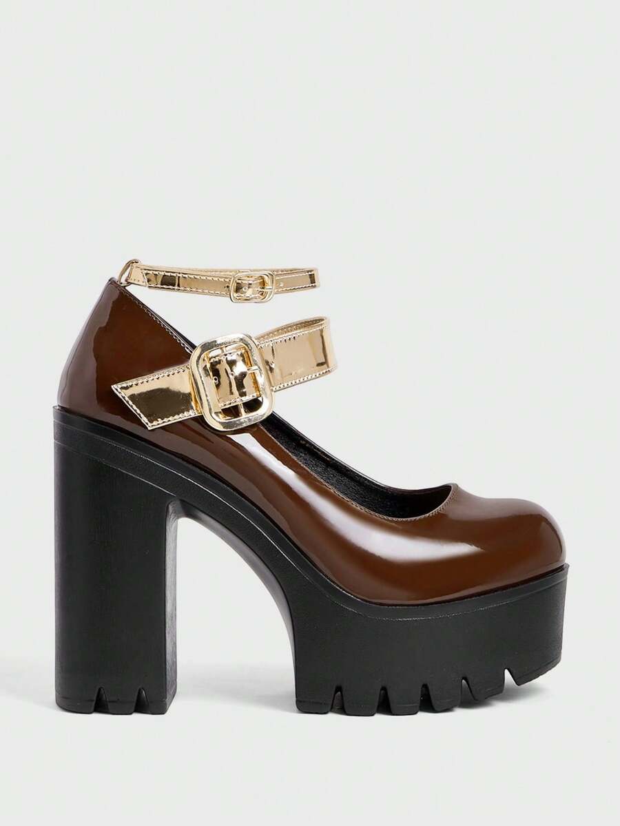 ROMWE Grunge Punk Women's Sexy Color Block Fashion Thick Heel Platform Block Heels, Spring/Fall Fashion Solid Color Metallic Double Buckle Adjustable Back Straps Ankle Strap Party Outfit Date Mary Jane High Heel Flat Shoes - Brown - View 1