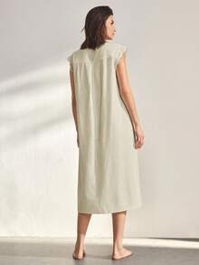 Ocili 100%纯棉柔软舒适荷叶边蝴蝶结睡裙，女士睡衣连衣裙 - 米色 - 查看 3