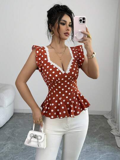 Elenzga 女士优雅波点印花荷叶边下摆束腰衬衫，夏季