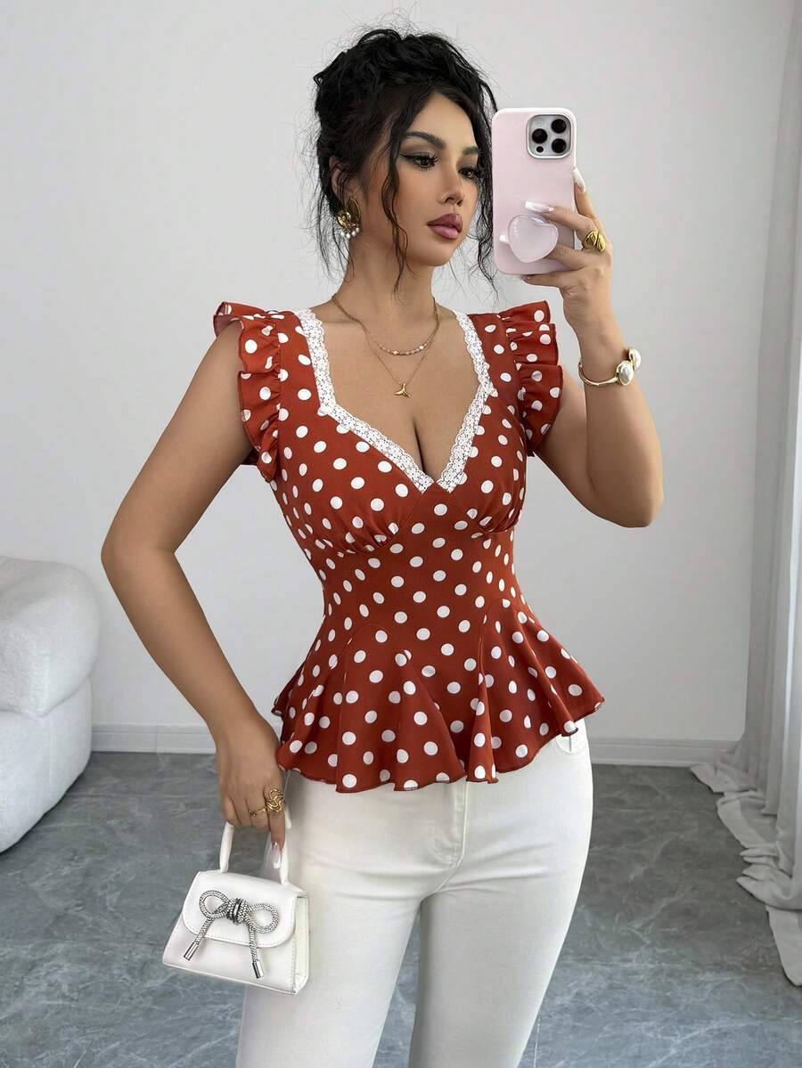 Elenzga Women's Elegant Polka Dot Print Ruffle Hem Waist Shirt, Summer - Orange - View 1