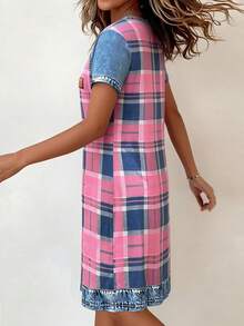 EMERY ROSE Đầm ngắn tay ngắn cổ tròn dáng suông họa tiết denim kẻ caro phong cách mùa hè dành cho nữ, thích hợp cho lễ hội, công sở, mặc hàng ngày hoặc hẹn hò lãng mạn. - Hồng - Xem 5